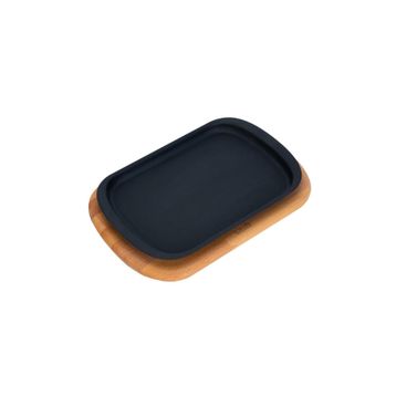 Lava 32x20 cm Siyah Döküm Dikdörtgen Servis Tabağı ve Kayın Servis Ahşabı