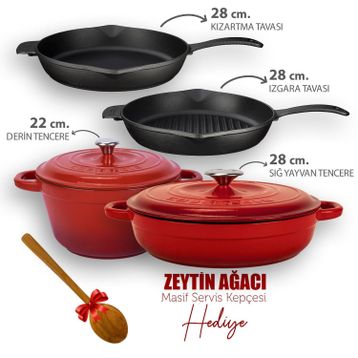 Lava 4X New Heritage Serisi Döküm Kırmızı Demir Tencere Tava Çeyiz Seti