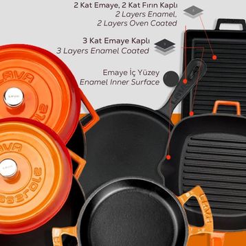 Lava 6x Trendy Serisi 8 Parça Turuncu Döküm Tencere Tava Seti