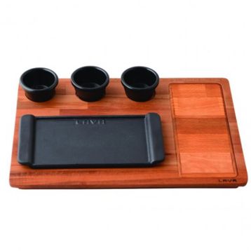 Lava Döküm 13x25 cm Siyah Dikdörtgen Servis Tabağı ve Ahşap Altlığı