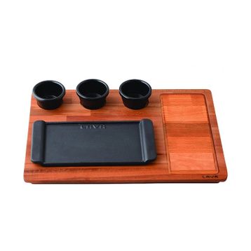 Lava Döküm 13x25 cm Siyah Dikdörtgen Servis Tabağı ve Ahşap Altlığı