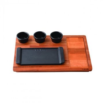 Lava Döküm 13x25 cm Siyah Dikdörtgen Servis Tabağı ve Ahşap Altlığı