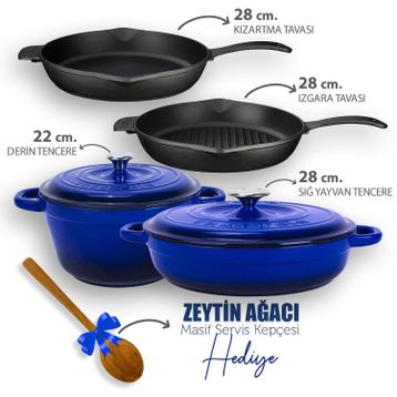 Lava Döküm 4X New Heritage Serisi Döküm Mavi Demir Tencere Tava Çeyiz Seti