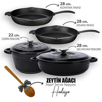 Lava Döküm 4X New Heritage Serisi Döküm Siyah Demir Tencere Tava Çeyiz Seti