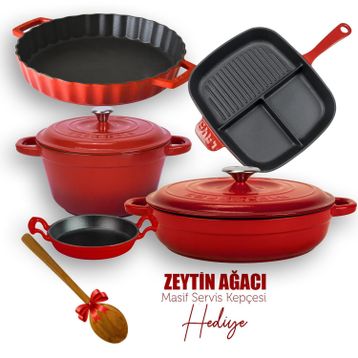 Lava Döküm 5X New Heritage Serisi Kırmızı Döküm Demir Tencere ve Tava Seti