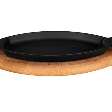 Lava Döküm Balık Tabağı Döküm Demir Yekpare Kulplu Ölçü 15x24 cm Siyah Kayın Servis Ahşabı