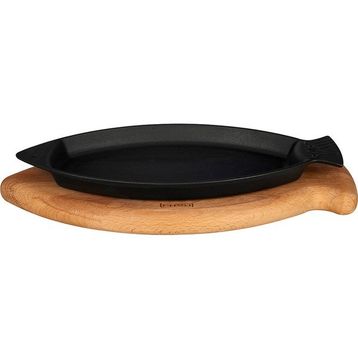 Lava Döküm Balık Tabağı Döküm Demir Yekpare Kulplu Ölçü 15x24 cm Siyah Kayın Servis Ahşabı