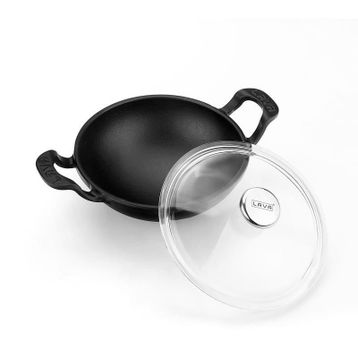 Lava Döküm Metal Kulplu Cam Kapaklı Wok Tava 16 Cm Siyah
