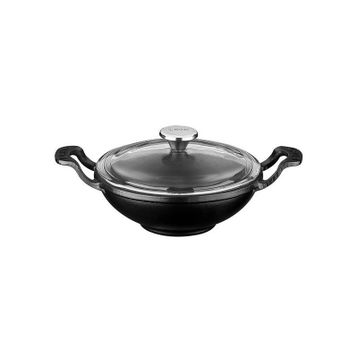 Lava Döküm Metal Kulplu Cam Kapaklı Wok Tava 16 Cm Siyah
