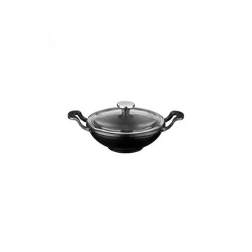 Lava Döküm Metal Kulplu Cam Kapaklı Wok Tava 16 Cm Siyah