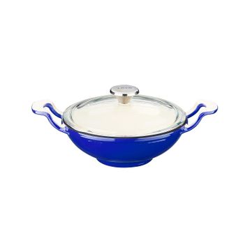 Lava Edition Serisi 16 cm Yekpare Kulplu Cam Kapaklı Döküm Mavi Mini Wok