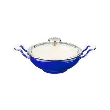 Lava Edition Serisi 16 cm Yekpare Kulplu Cam Kapaklı Döküm Mavi Mini Wok