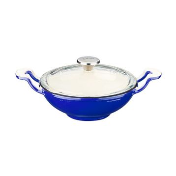 Lava Edition Serisi 16 cm Yekpare Kulplu Cam Kapaklı Döküm Mavi Mini Wok