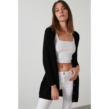 Lela 4615044 Soft Akrilik Triko Örme Uzun Siyah Kadın Hırka