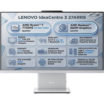 Lenovo IdeaCentre AIO 27ARR9 F0HQ00ADTR Ryzen 7 7735HS 32 GB RAM 512 GB SSD FreeDOS 27 inç All in One PC