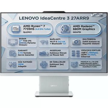 Lenovo IdeaCentre AIO 27ARR9 F0HQ00ADTR Ryzen 7 7735HS 32 GB RAM 512 GB SSD FreeDOS 27 inç All in One PC