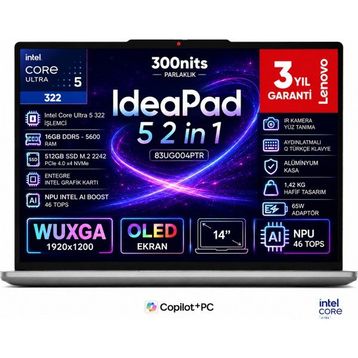Lenovo IdeaPad 5 2-in-1 14IPH11 83UG004PTR Ultra 5 322 16 GB RAM 512 GB SSD FreeDOS 14 inç Laptop
