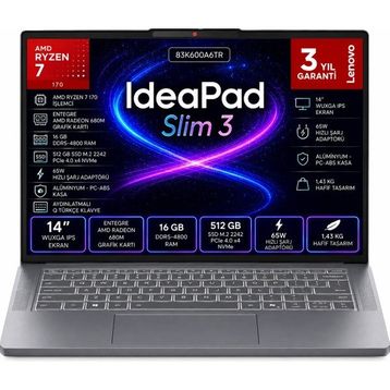 Lenovo IdeaPad Slim 3 14ARP10 83K600A6TR Ryzen 7 170 16GB RAM 512GB SSD FreeDOS 14 inç Laptop