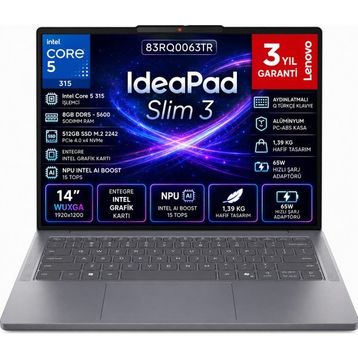 Lenovo IdeaPad Slim 3 14IWC11 83RQ0063TR Core 5 315 8 GB RAM 512 GB SSD FreeDOS 14 inç Laptop