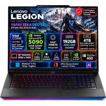 Lenovo Legion 9 18IAX10 83EY008NTR Ultra 9 275HX 192 GB RAM 4 TB SSD RTX 5090 Windows 11 Pro 18 inç Gaming Laptop