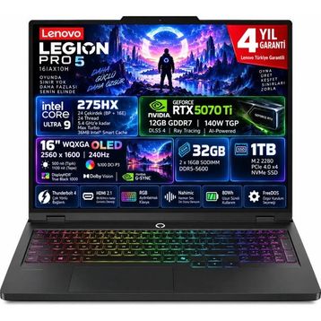 Lenovo Legion Pro 5 16IAX10H 83LU004ETR Ultra 9 275HX 32 GB RAM 1 TB SSD RTX 5070 Ti FreeDOS 16 inç Gaming Laptop
