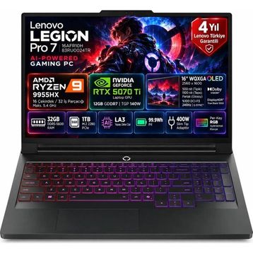 Lenovo Legion Pro 7 16AFR10H 83RU0024TR Ryzen 9 9955HX 32 GB RAM 1 TB SSD RTX 5070 Ti FreeDOS 16 inç Gaming Laptop