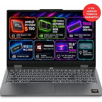 Lenovo LOQ Essential 15ARP11 83VA003BTR Ryzen 5 150 16 GB RAM 512 GB SSD RTX 5050 FreeDOS 15.6 inç Gaming Laptop