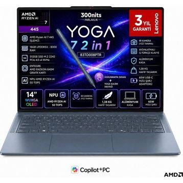 Lenovo Yoga 7 2-In-1 14AGP11 83TD008PTR Ryzen AI 7 445 16 GB RAM 512 GB SSD FreeDOS 14 inç Laptop