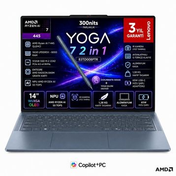 Lenovo Yoga 7 2-In-1 14AGP11 83TD008PTR Ryzen AI 7 445 16 GB RAM 512 GB SSD FreeDOS 14 inç Laptop