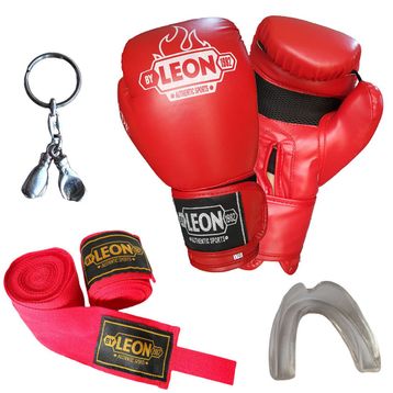 Leon Blade Training Kırmızı Boks Eldiveni Bandaj Dişlik Anahtarlık Seti