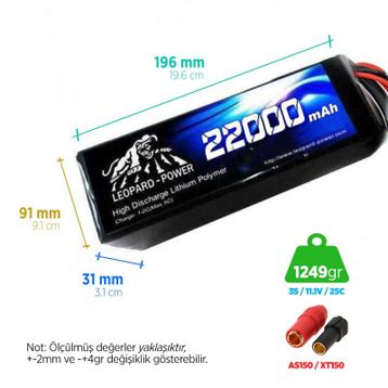Leopard Power 22000 mAh 11.1V 3S 25C UAV Multirotor Lityum Polimer Lipo Batarya
