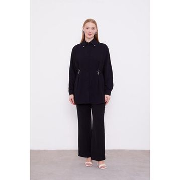 Levidor 100195 Taşlı Krepe Detaylı Siyah Tunik Takım