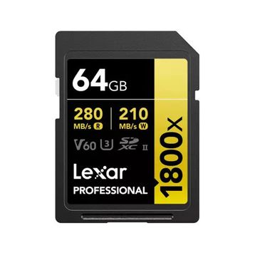 Lexar LSD1800064G-BNNNG 64GB SD Professional 1800x SDXC UHS-II Card 280MB/s Okuma 210MB/s Yazma C10 V60 U3 Kart Bellek
