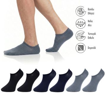 Lion Monroe L5952AZNB Softaura Saf Bambu Dikişsiz Görünmez Bilekte Spor Premium Siyah Lacivert Füme 6'lı Sneaker Erkek Çorap