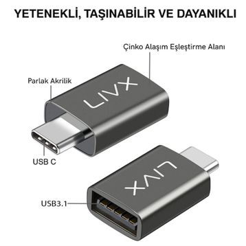 LivX OTGKS USB 3.1 to Type-C 10 Gbps Veri Aktarımı 3A Hızlı Şarj ve Data Çevirici Dönüştürücü