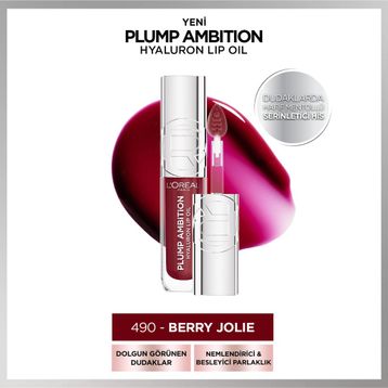 Loreal Paris 490 Berry Jolie Plump Ambition Hyaluron Lip Oil Besleyici ve Nemlendirici Dudak Parlatıcısı