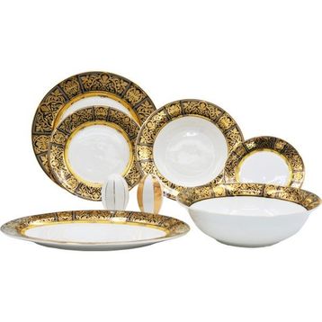 Lucky Art 67 Parça Verna Bone China Porselen Gold&siyah Desen Detaylı Klasik Yemek Takımı