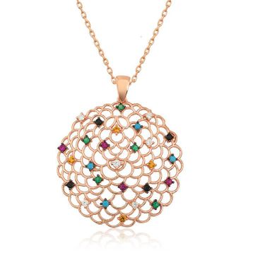 Lucky Gümüş Rose Geometrik Desenli Madalyon Kolye