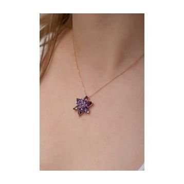 Lucky Gümüş Rose Mor Lotus Çiçeği Kolye