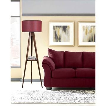 Lumexx Sehbalı Tripod Ceviz Silindir Hasır Bordo Abajurlu Lambader