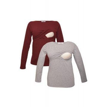 LuvmaBelly MYRA2703-2704 Bordo Gri Emzirme Hamile T-Shirt Seti