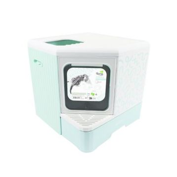 M-Pets Terra Forma Eco Desenli 50x52x48 cm Mavi Kapalı Kedi Tuvaleti