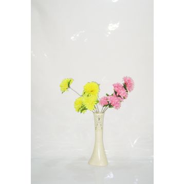 M3Decorium Krem Rengi İşlemeli Sarı Pembe Çiçek 40cm Vazo