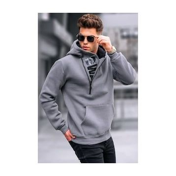 Madmext 1767 Füme Erkek Fermuar Detaylı Kapüşonlu Sweatshirt