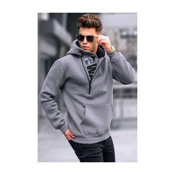 Madmext 1767 Füme Erkek Fermuar Detaylı Kapüşonlu Sweatshirt