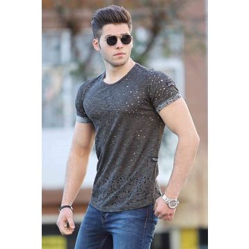 Madmext 2468 Füme Lazer Kesim Yırtık Erkek T-shirt