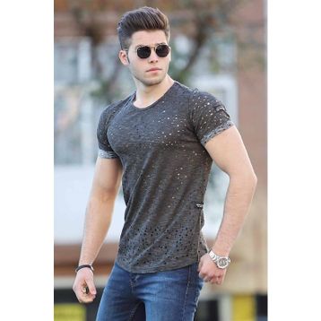 Madmext 2468 Füme Lazer Kesim Yırtık Erkek T-shirt