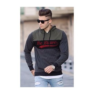 Madmext 2815 Füme Kapşonlu Çizgili Erkek Sweatshirt