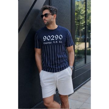 Madmext 2863 Lacivert Bisiklet Yaka Çizgi Detaylı Erkek T-shirt