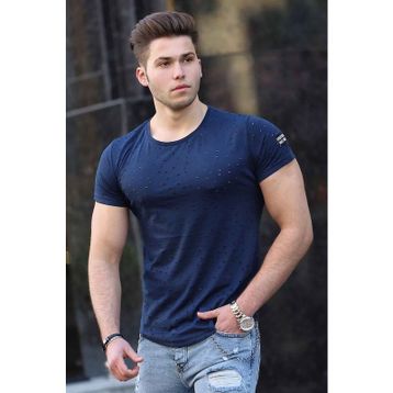 Madmext 2883 Lacivert Yırtık Detaylı Erkek T-Shirt